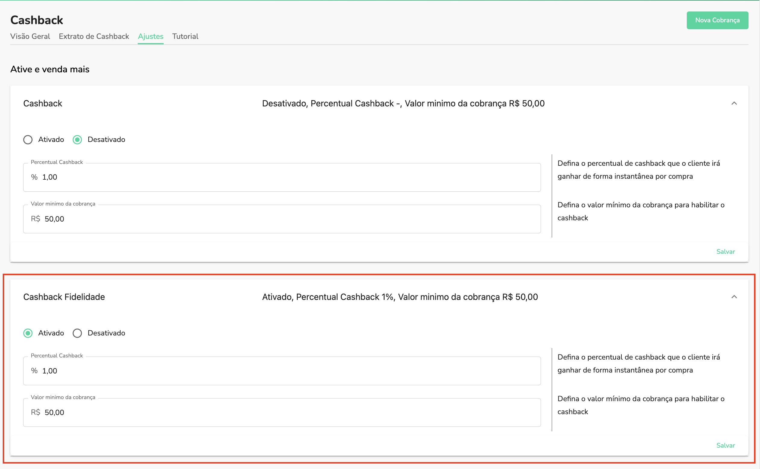 cashback fidelity settings